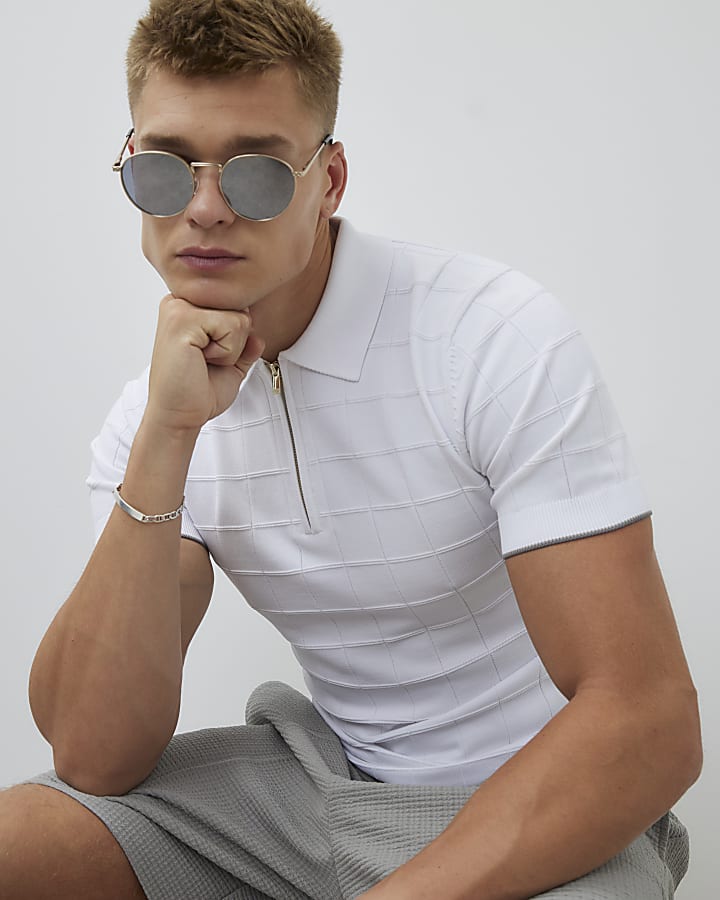 White Muscle Fit Grid Textured Polo Shirt
