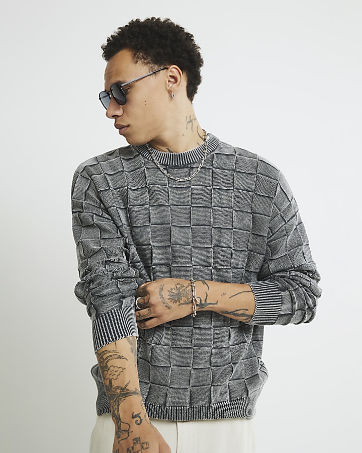 Grey Washed Checkerboard Jumper