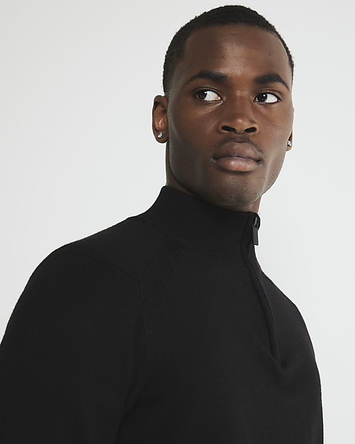 Black Slim Fit Half Zip Jumper