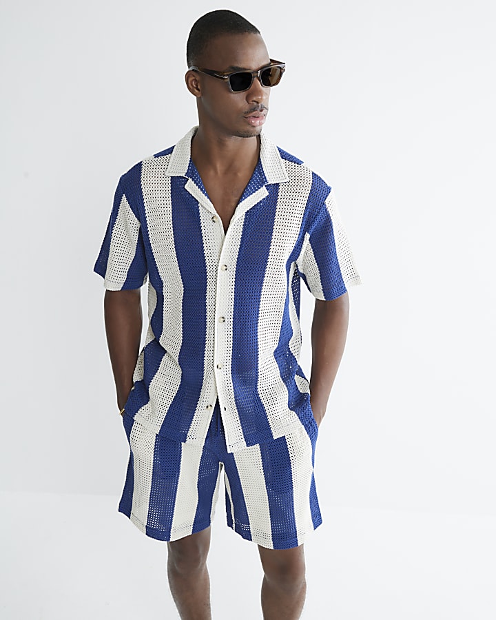Blue Regular Fit Stripe Crochet Shirt