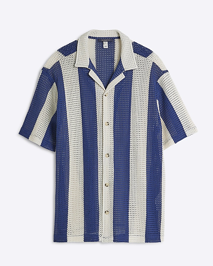 Blue Regular Fit Stripe Crochet Shirt