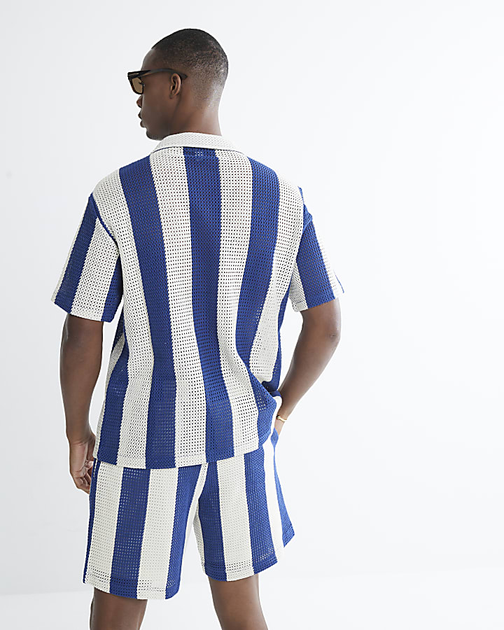 Blue Regular Fit Stripe Crochet Shirt