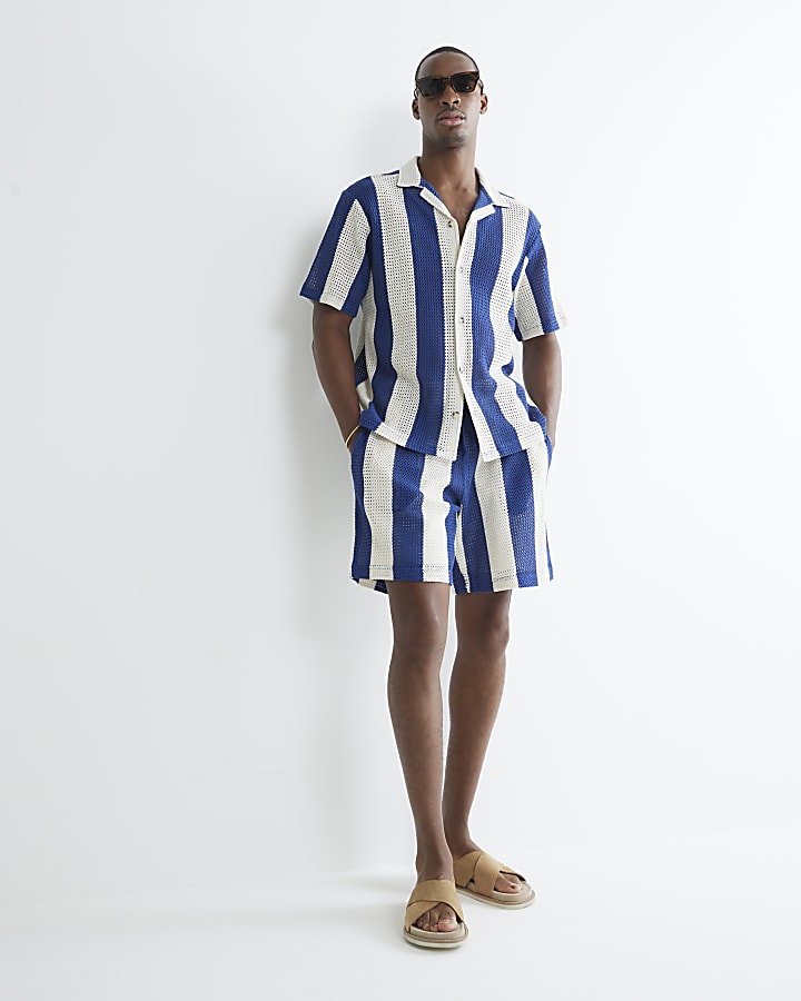 Blue Regular Fit Stripe Crochet Shirt