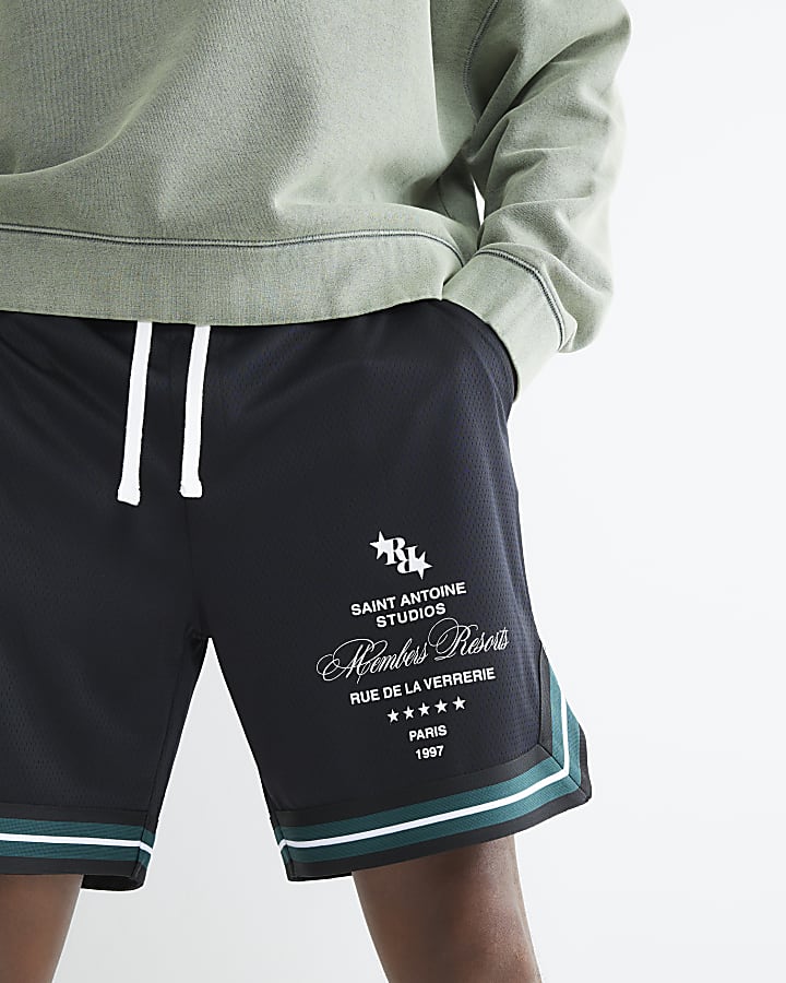 Black Regular Fit RR Taped Mesh Shorts