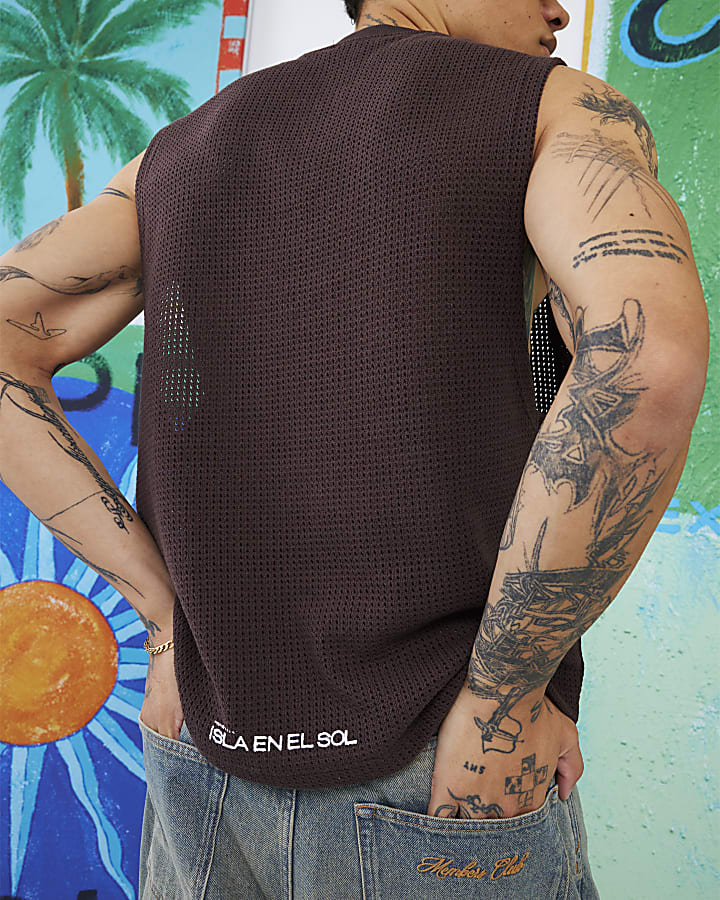 Brown Atlas Crochet Graphic Tank Top