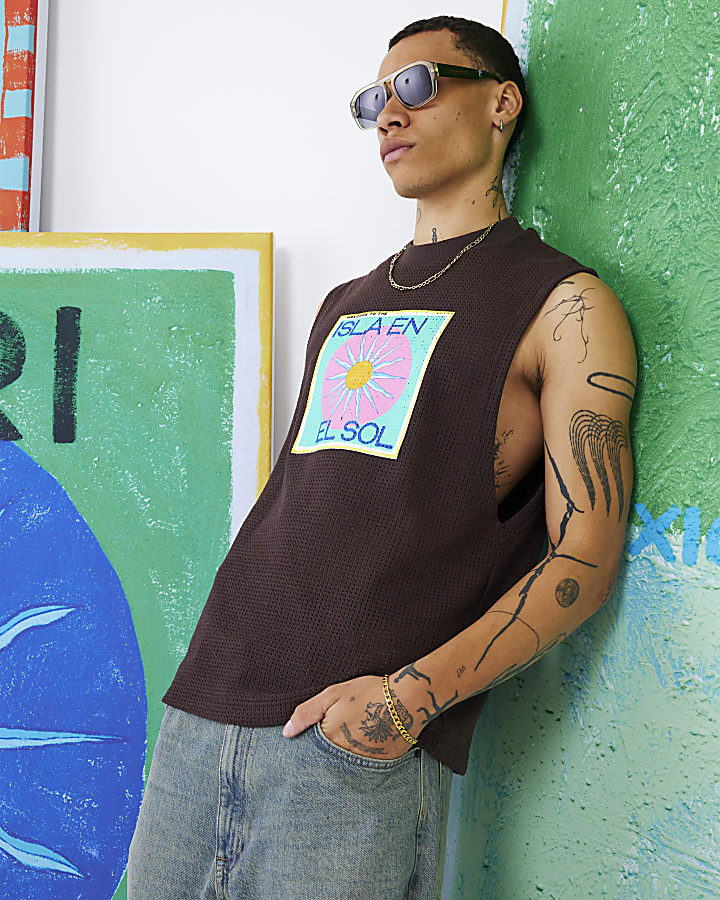 Brown Atlas Crochet Graphic Tank Top