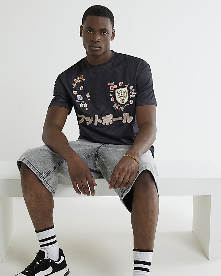 Black Blossom Mesh Football T-Shirt