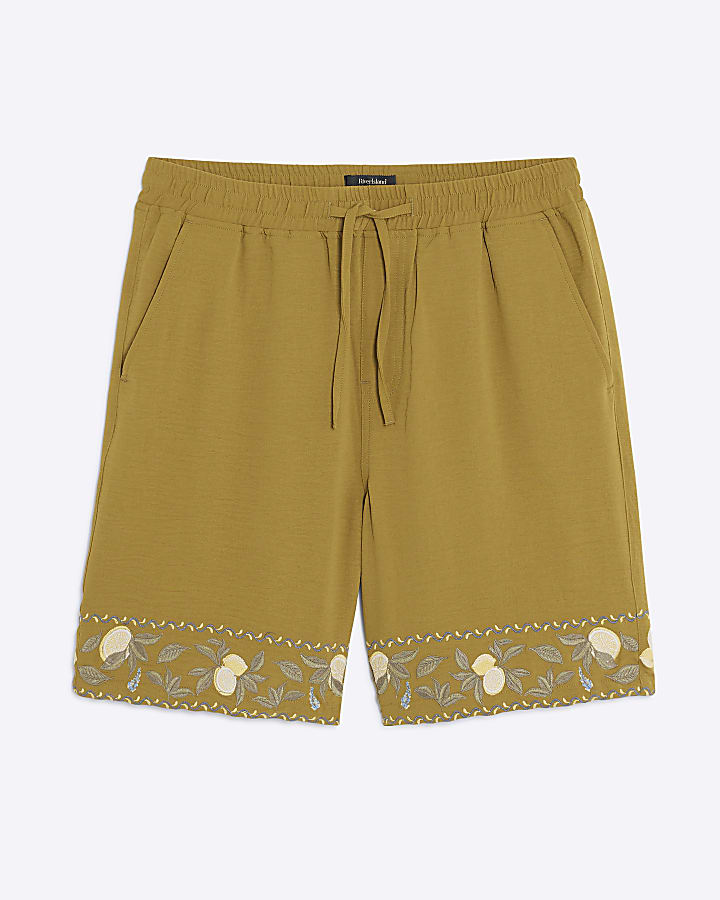 Green Regular Fit Lemon Embroidered Shorts