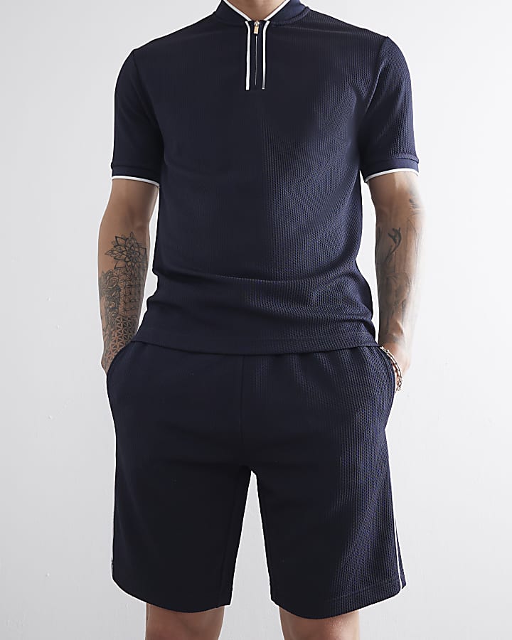 Navy Slim Fit Tipped Texture Shorts