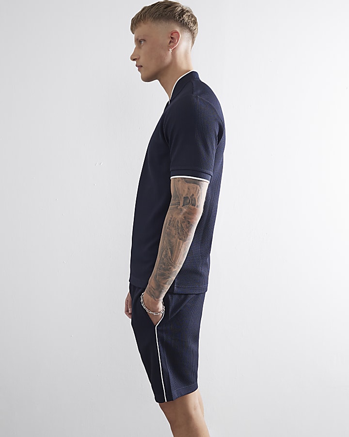 Navy Slim Fit Tipped Texture Shorts