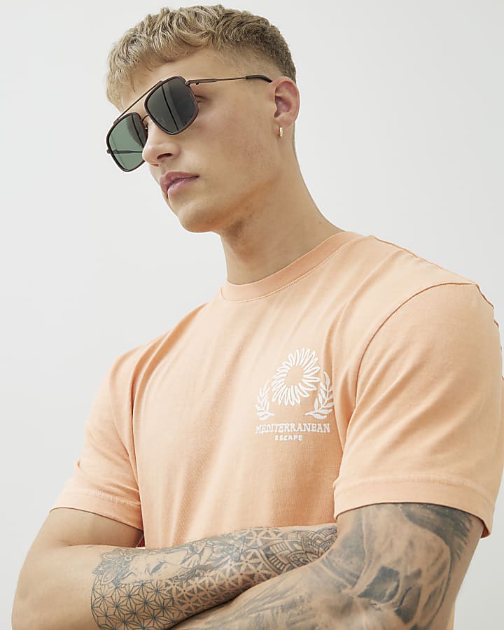 Orange Regular Fit Escape Embroidered T-Shirt
