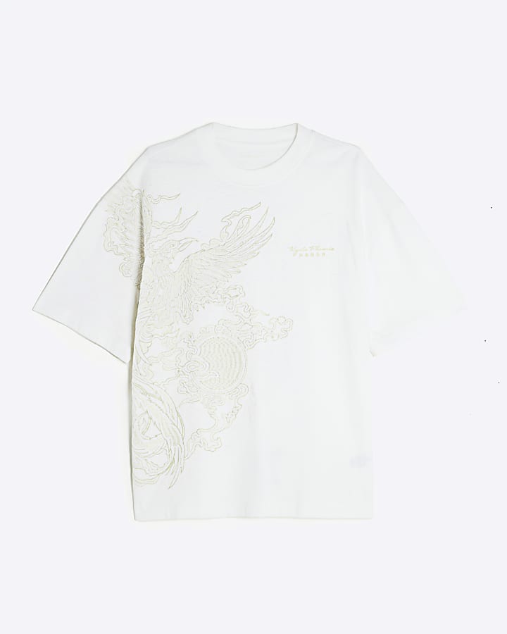 White Oversized Embroidered Phoenix T-Shirt