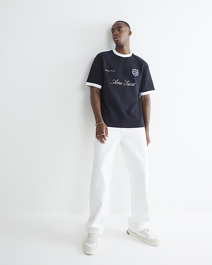 Navy Regular Fit Football Ottoman T-Shirt