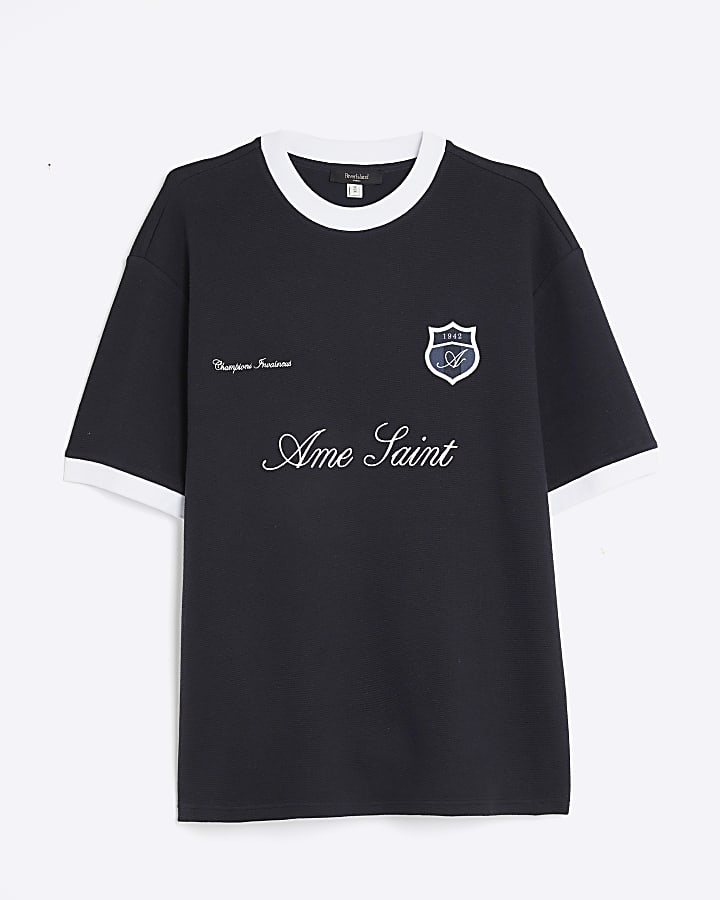 Navy Regular Fit Football Ottoman T-Shirt