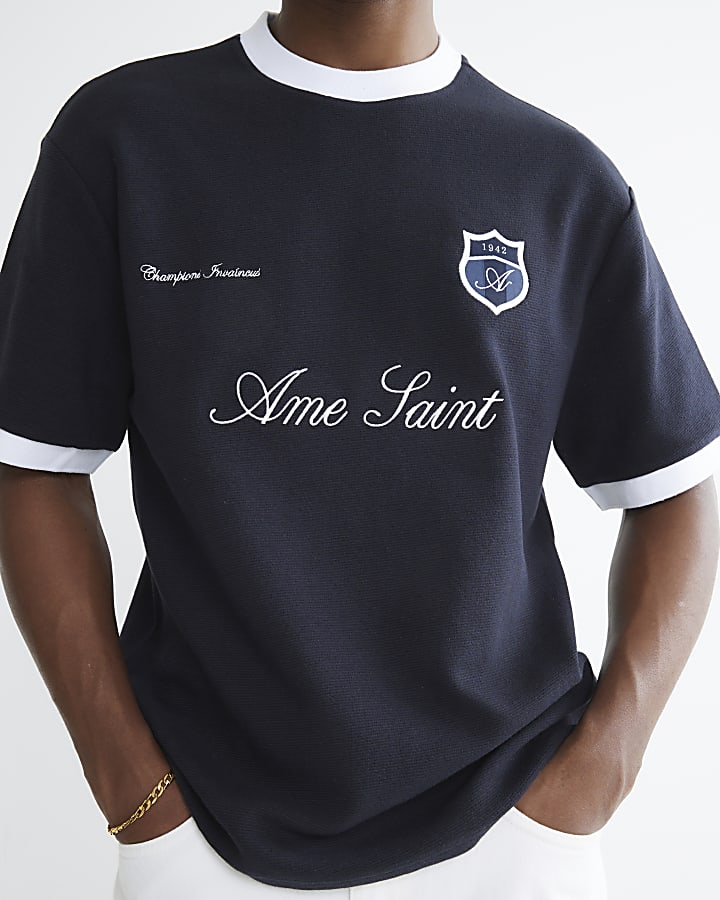 Navy Regular Fit Football Ottoman T-Shirt