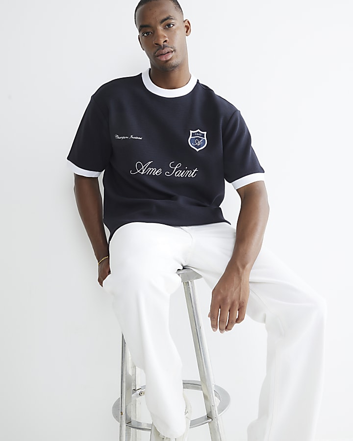 Navy Regular Fit Football Ottoman T-Shirt