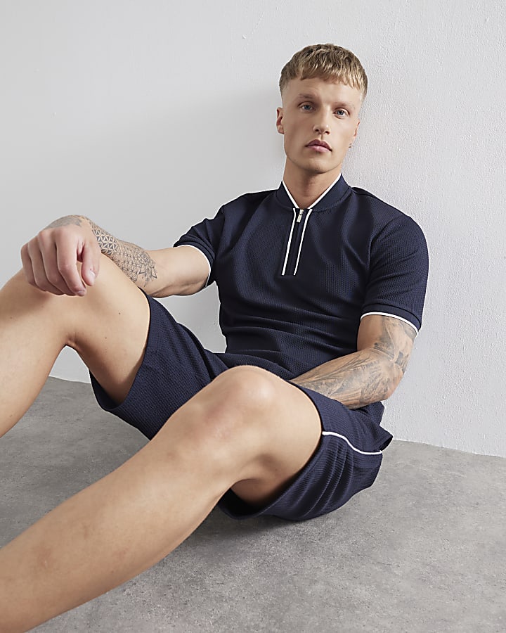 Navy Slim Fit Tipped Zip Baseball Shirt