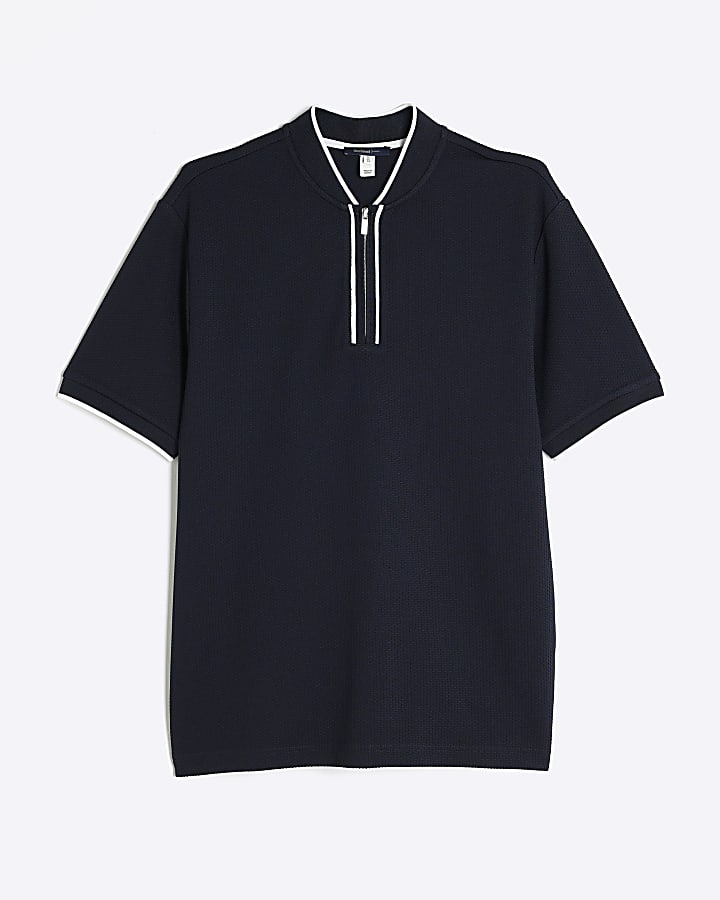 Navy Slim Fit Tipped Zip Baseball Shirt