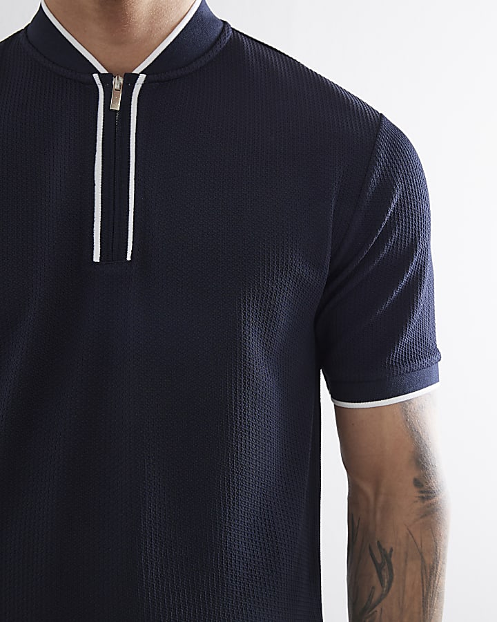 Navy Slim Fit Tipped Zip Baseball Shirt