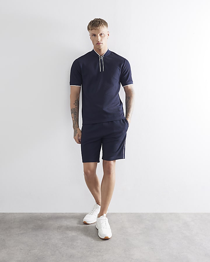 Navy Slim Fit Tipped Zip Baseball Shirt