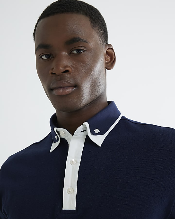 Navy Slim Fit Double Collar Polo Shirt