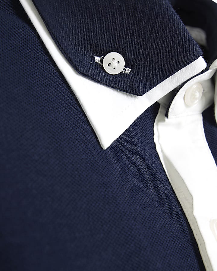 Navy Slim Fit Double Collar Polo Shirt