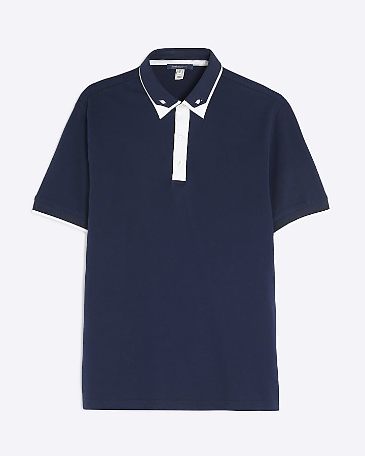 Navy Slim Fit Double Collar Polo Shirt