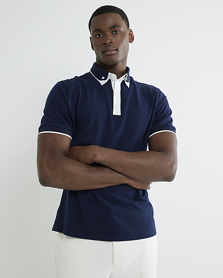 Navy Slim Fit Double Collar Polo Shirt