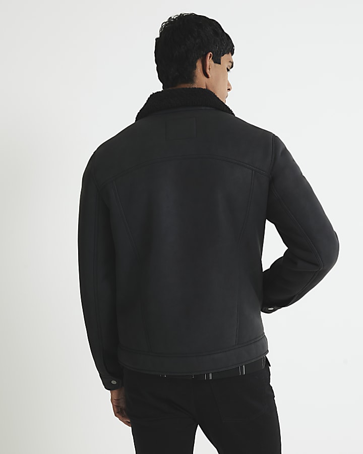 Black Nubuck Zip Shearling Western Jacket