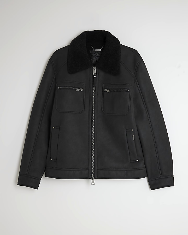 Black Nubuck Zip Shearling Western Jacket