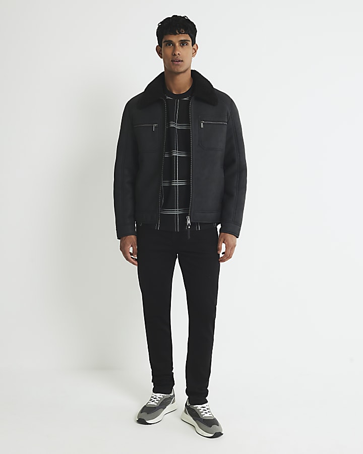 Black Nubuck Zip Shearling Western Jacket