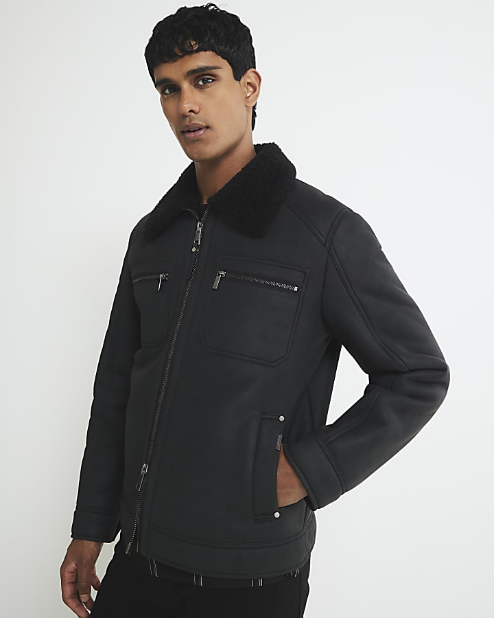 Black Nubuck Zip Shearling Western Jacket