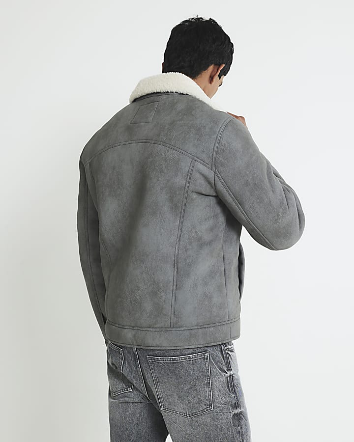 Grey Nubuck Zip Shearling Western Jacket