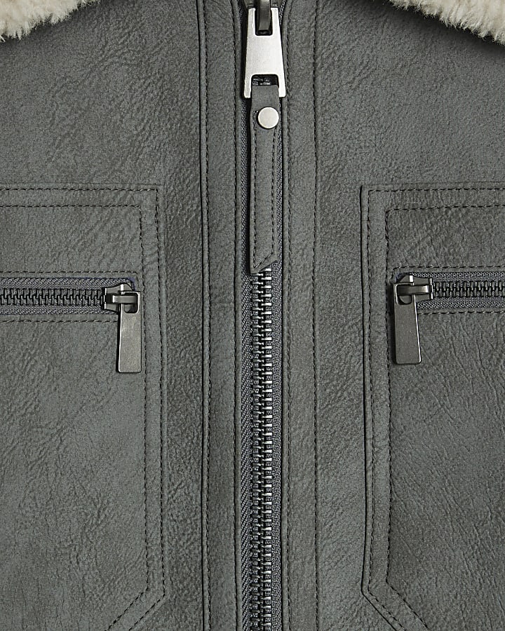 Grey Nubuck Zip Shearling Western Jacket