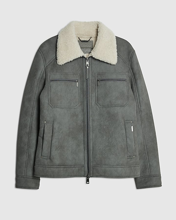 Grey Nubuck Zip Shearling Western Jacket