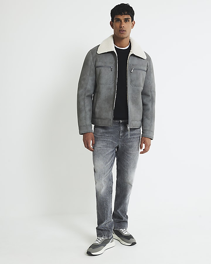 Grey Nubuck Zip Shearling Western Jacket