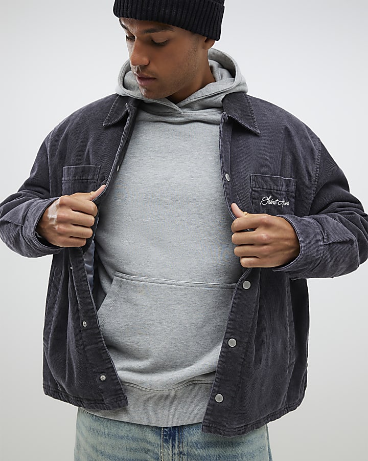 Grey Washed Corduroy Padded Shacket