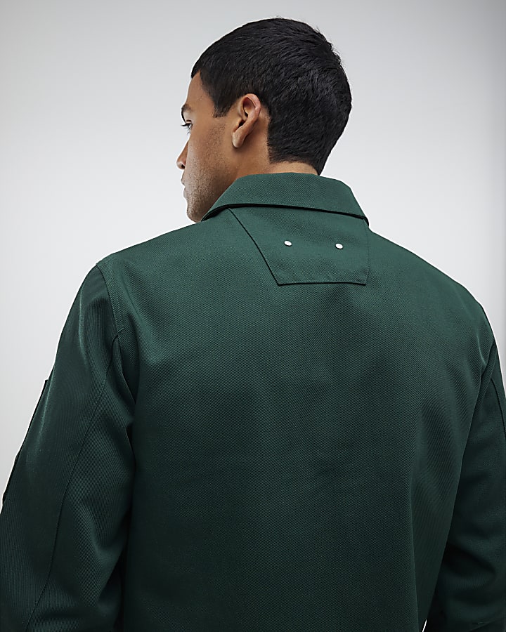 Green Twill Two-Way Zip Shacket
