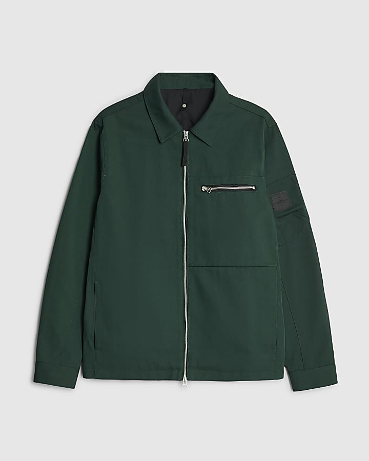 Green Twill Two-Way Zip Shacket