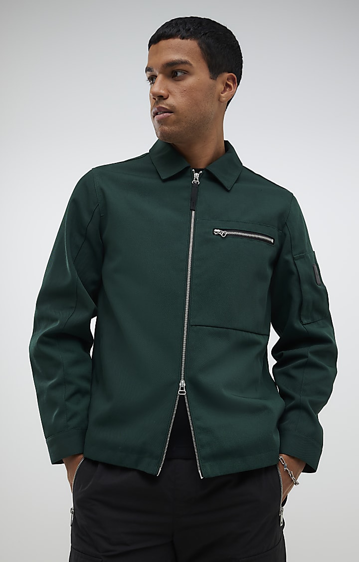 Green Twill Two-Way Zip Shacket
