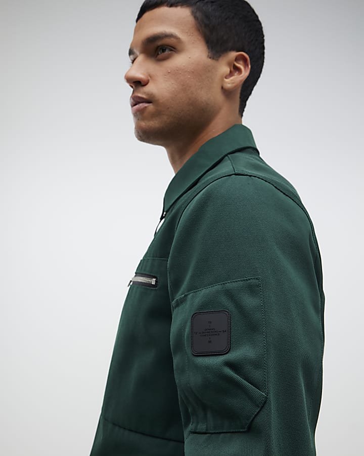 Green Twill Two-Way Zip Shacket