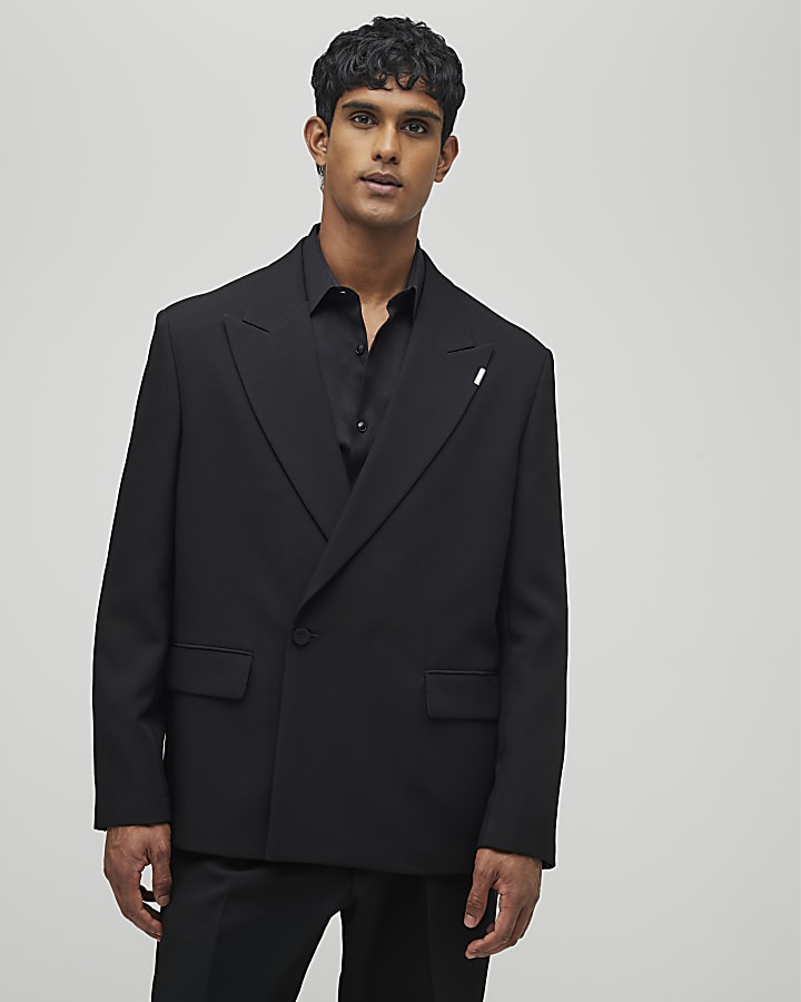 Black Relaxed Fit Wrap Suit Jacket