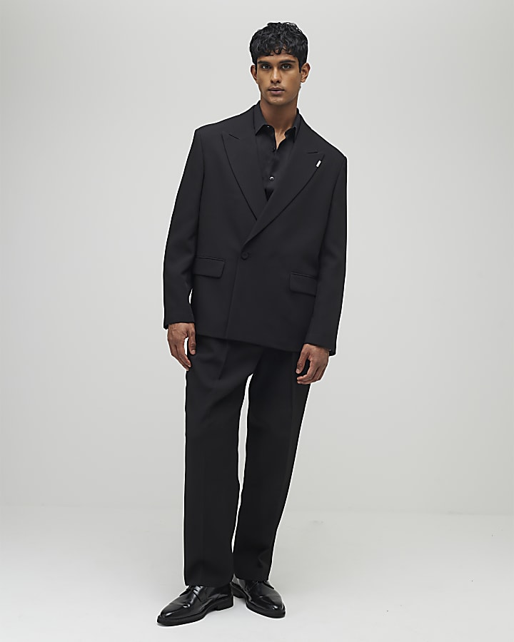 Black Relaxed Fit Wrap Suit Jacket
