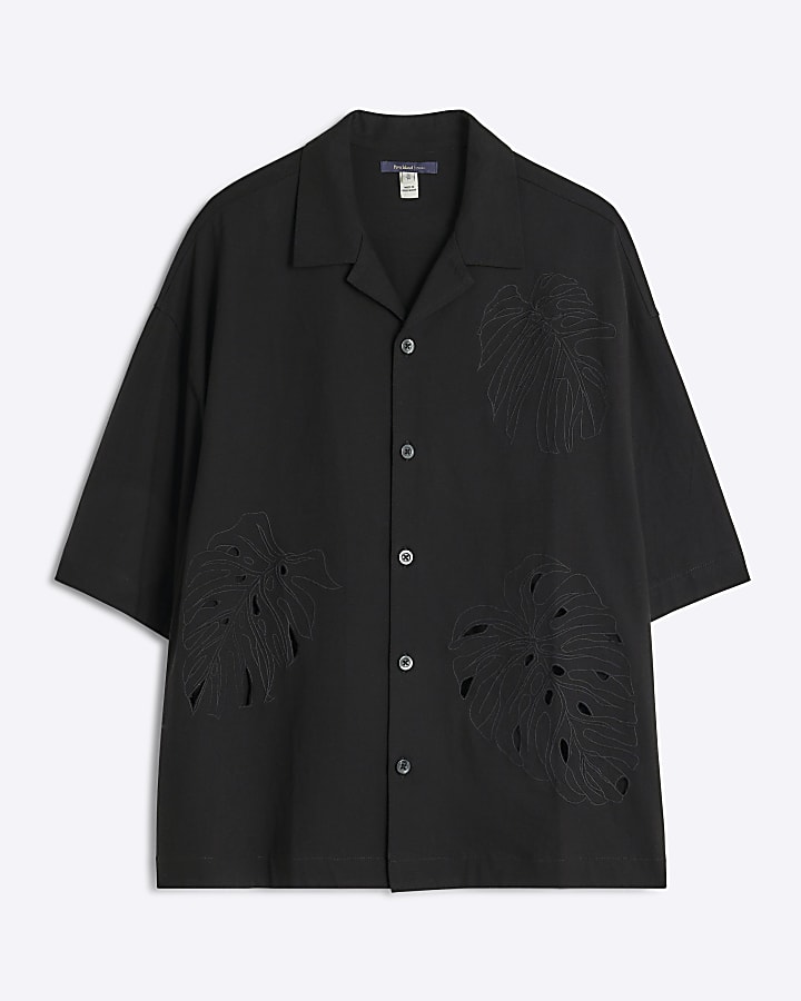 Black Regular Fit Palm Tree Cut Out Shirt