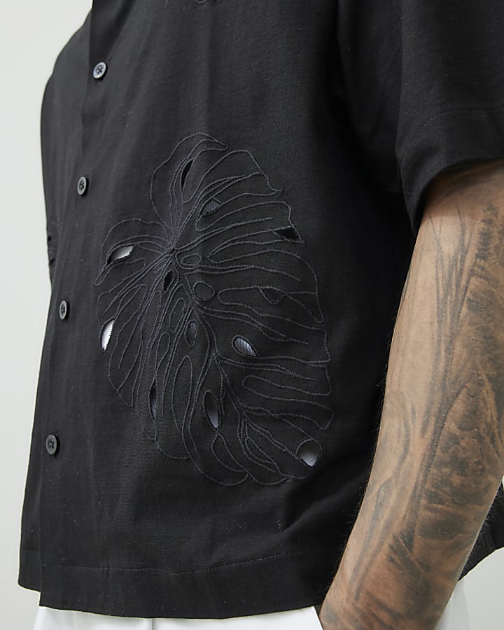 Black Regular Fit Palm Tree Cut Out Shirt
