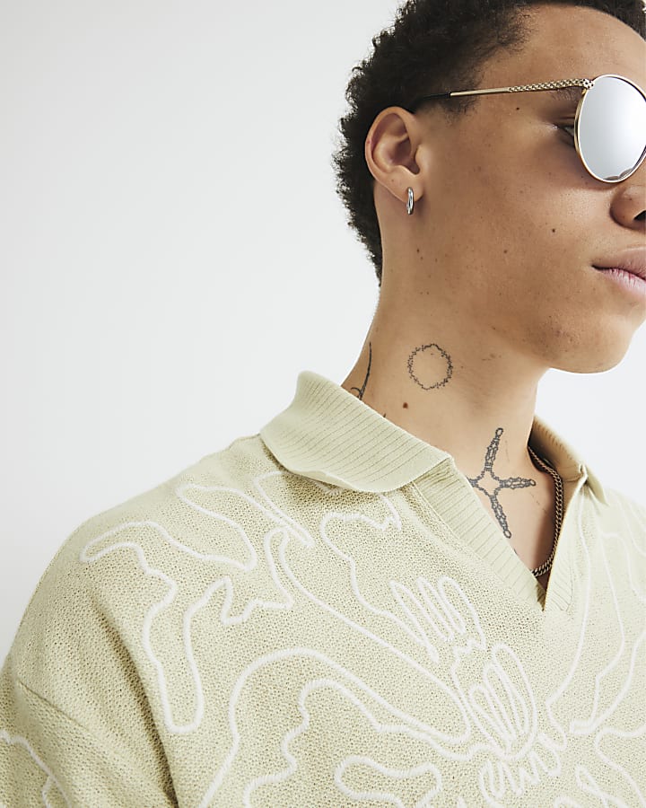 Green Floral Embroidered Polo Shirt