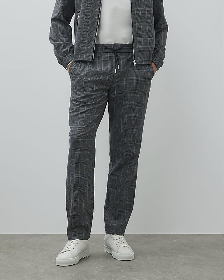 Grey Slim Fit Check Joggers