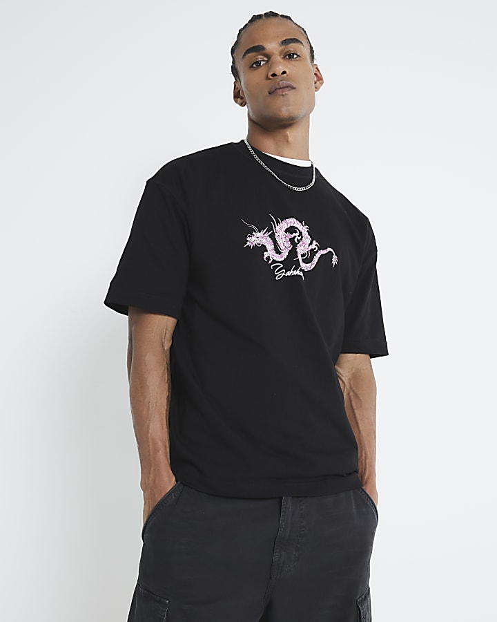 Black Regular Fit Pink Dragon T-Shirt