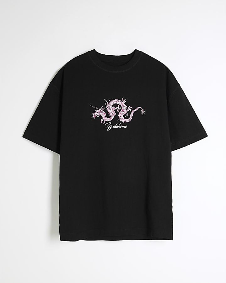 Black Regular Fit Pink Dragon T-Shirt