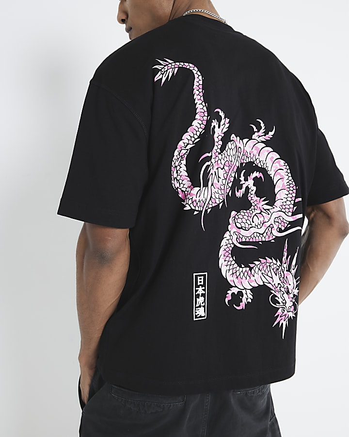 Black Regular Fit Pink Dragon T-Shirt